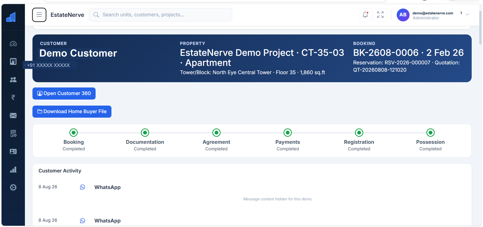 EstateNerve customer 360 view showing booking, documentation, agreement, payments, registration and possession milestones for a single customer