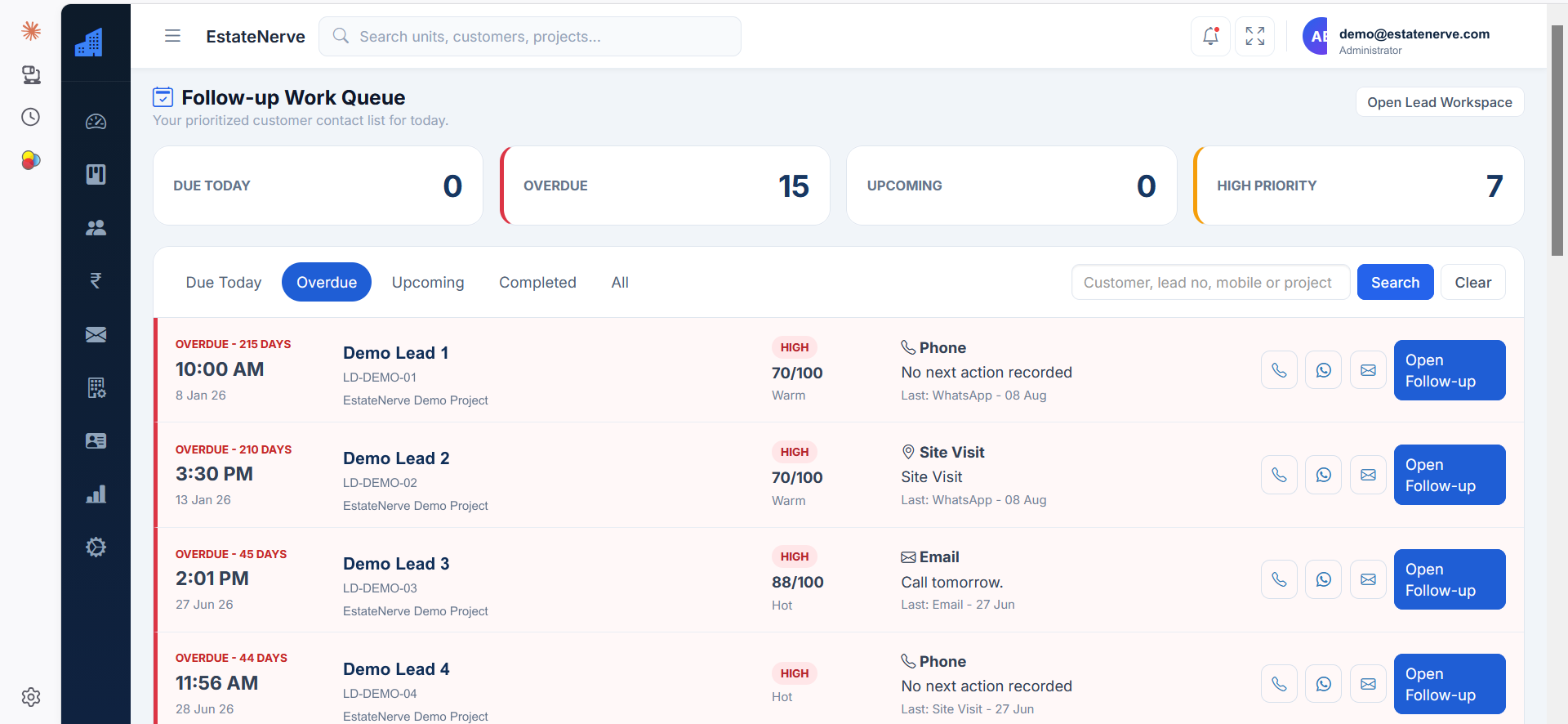 EstateNerve real estate CRM follow-up work queue for builder sales teams